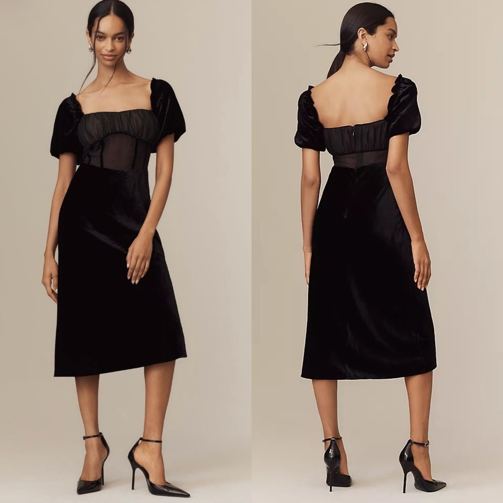 NWT Anthropologie Puff Sleeve Mesh Velvet Midi Dress | Black | XS